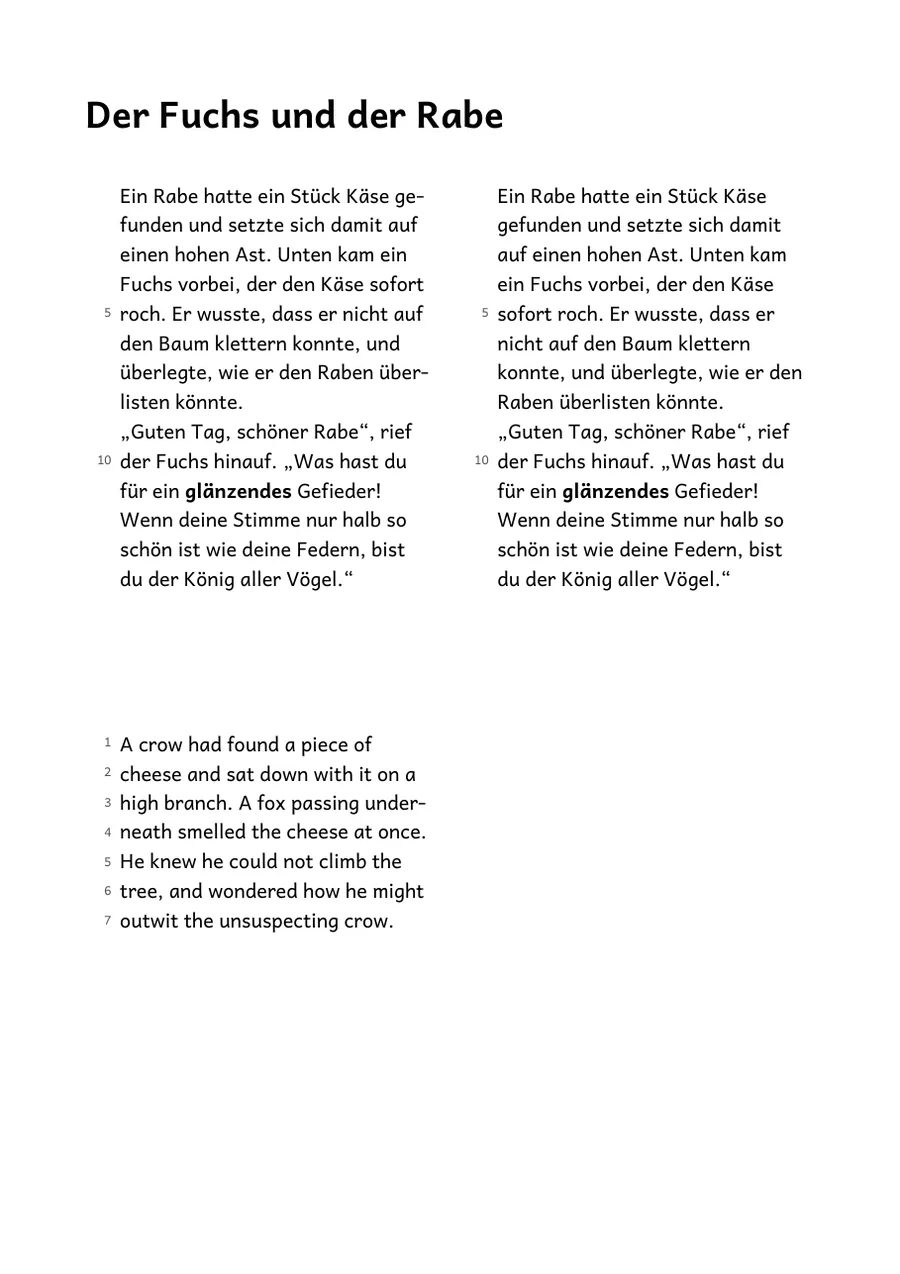 Erste Seite des Arbeitsblatts „Der Fuchs und der Rabe“